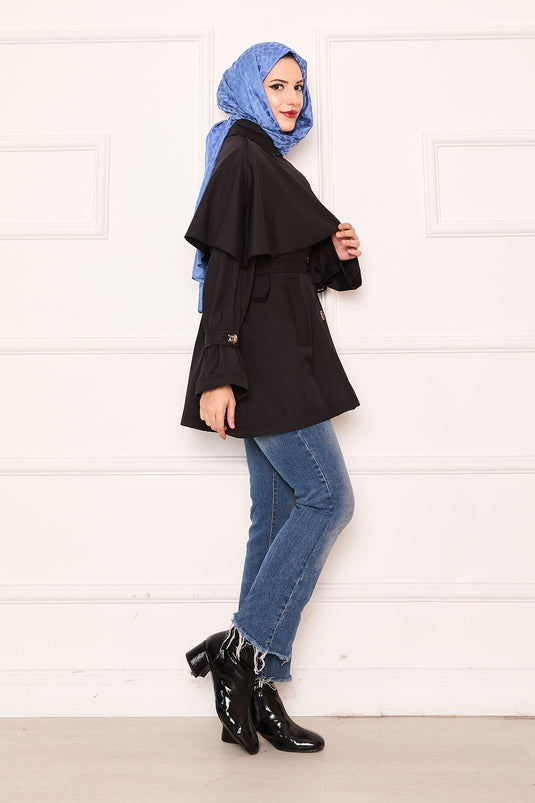 Trench-coat minimaliste avec ceinture et détails cape noir