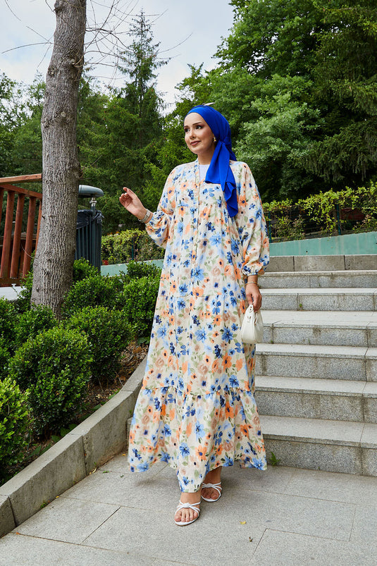 Modal Çiçek Desenli Tesettür Elbise Saks