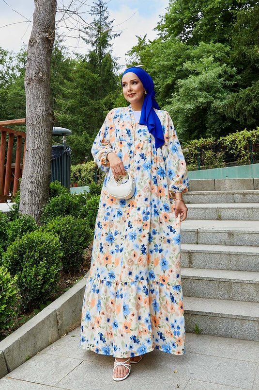 Modal Çiçek Desenli Tesettür Elbise Saks