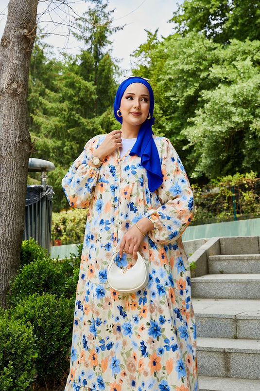 Modal Çiçek Desenli Tesettür Elbise Saks