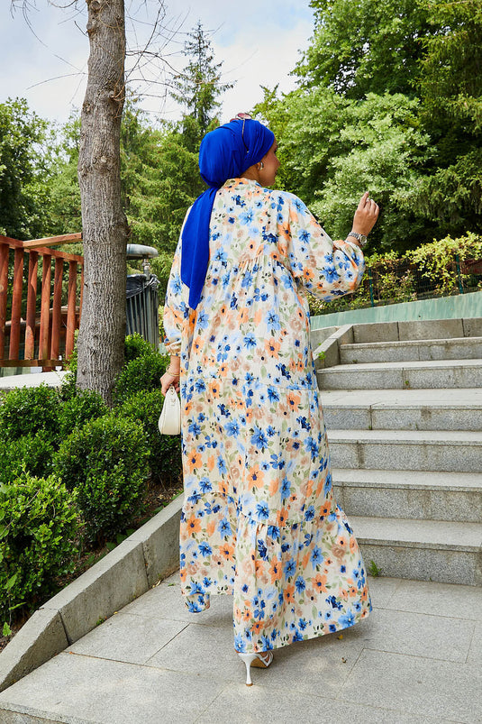 Modal Çiçek Desenli Tesettür Elbise Saks