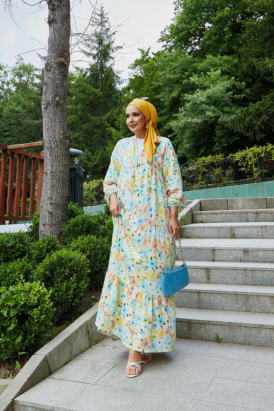 فستان محتشم بنقشة زهور من المودال باللون الأصفر