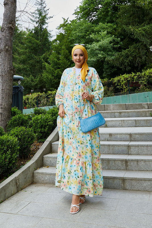 فستان محتشم بنقشة زهور من المودال باللون الأصفر