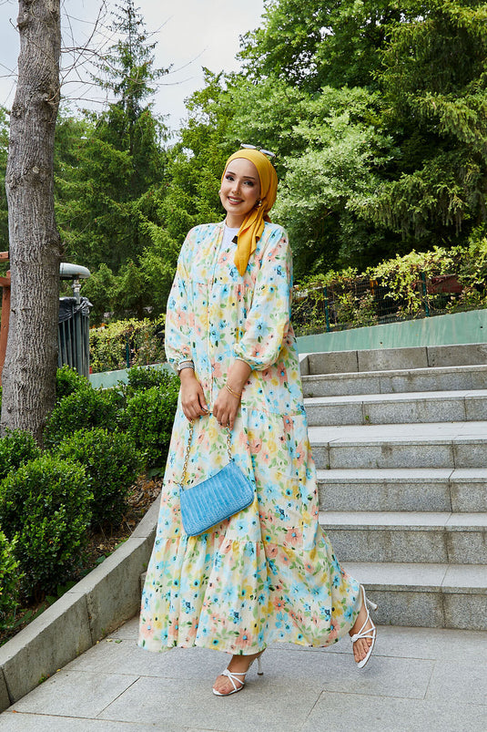 فستان محتشم بنقشة زهور من المودال باللون الأصفر