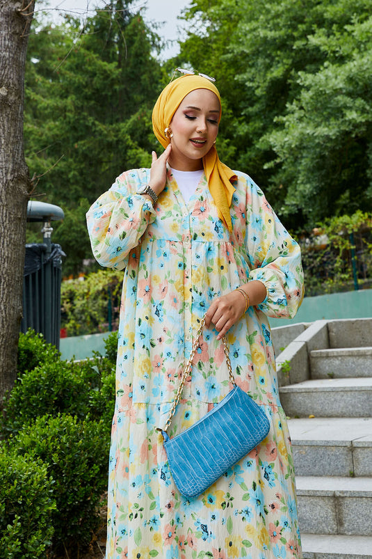 فستان محتشم بنقشة زهور من المودال باللون الأصفر