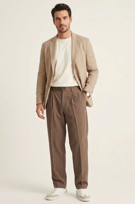 Modal Striped Loose Men's Pants Brown