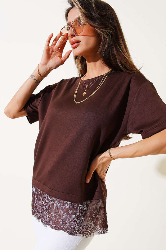 T-shirt en modal avec dentelle, couleur café