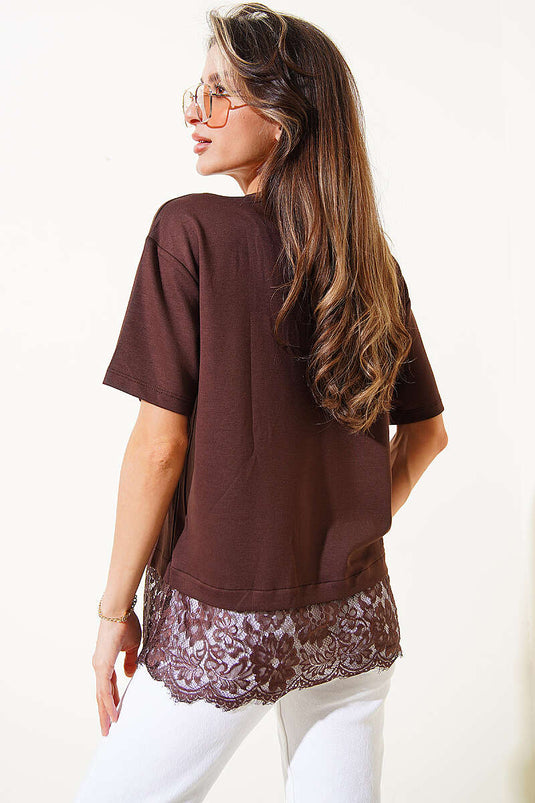 T-shirt en modal avec dentelle, couleur café