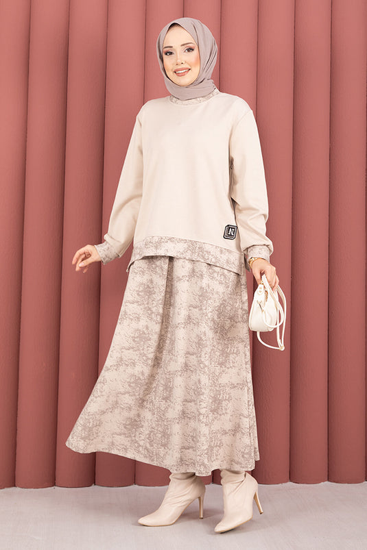 Completo gonna hijab con rifiniture a fantasia moderna, beige