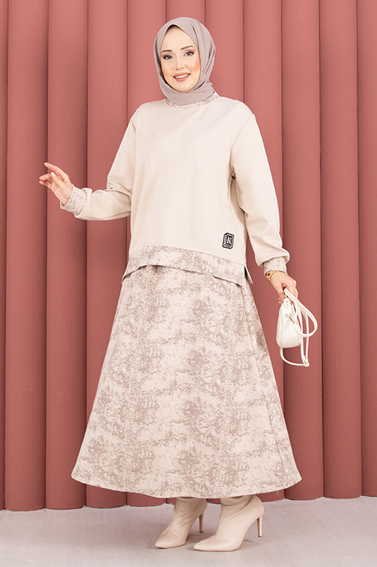 Modern Desen Garnili Tesettür Etekli Takım Bej