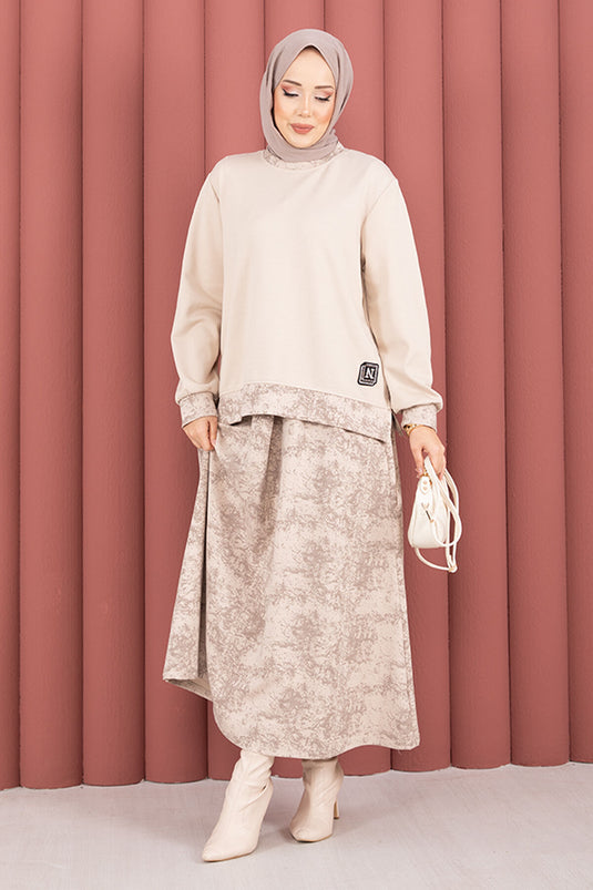 Modern Desen Garnili Tesettür Etekli Takım Bej