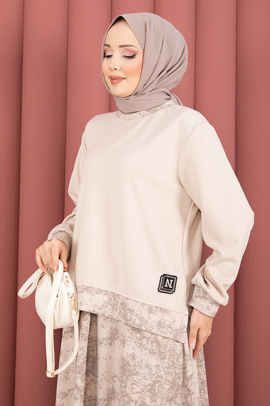 Completo gonna hijab con rifiniture a fantasia moderna, beige
