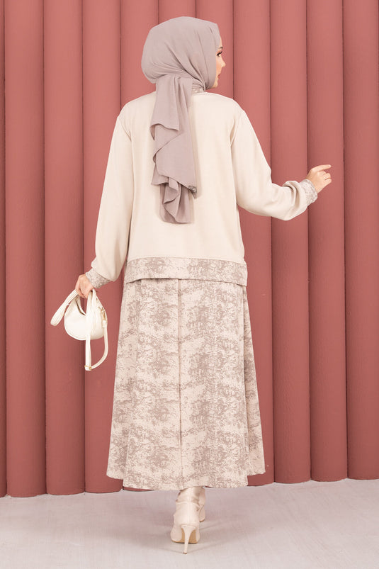 Modern Desen Garnili Tesettür Etekli Takım Bej