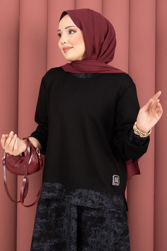 Completo gonna hijab con rifiniture a fantasia moderna, nero