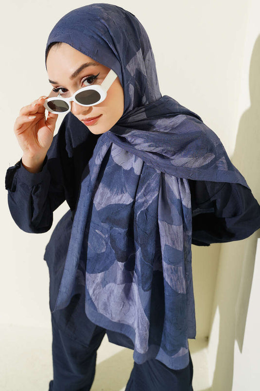 Moderner Blumenmuster Bambus Crêpe Schal Dunkelblau