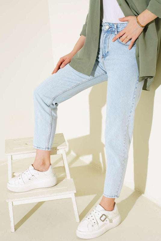 Mom Friend Düz Jean Pantolon Kar Yıkama