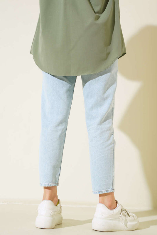 Mom Friend Düz Jean Pantolon Kar Yıkama