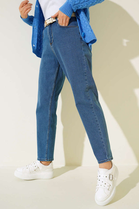 Mom Friend Düz Jean Pantolon Kot Mavisi