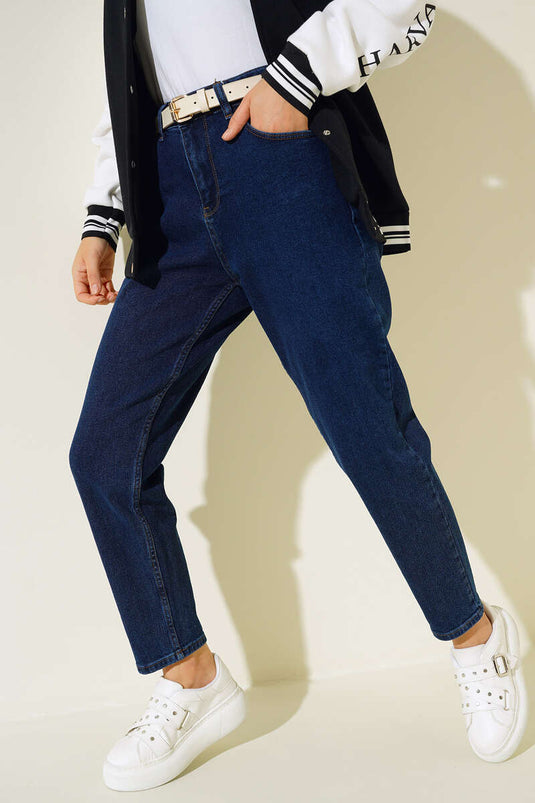 Mom Friend Düz Jean Pantolon Lacivert
