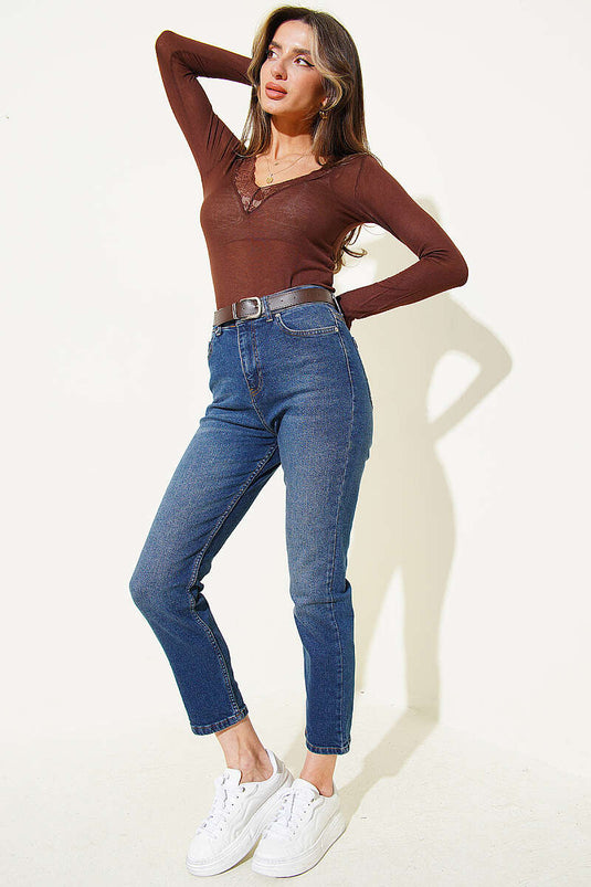 Mom Kemerli Kot Pantolon Mavi