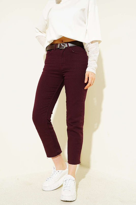 Mom Kesik Paça Kemerli Kot Pantolon Mürdüm