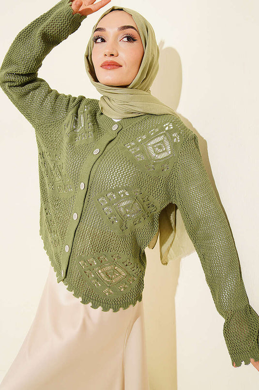 Cardigan court ajouré à motif kaki