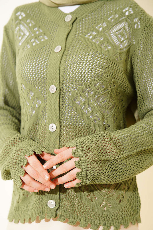Cardigan court ajouré à motif kaki