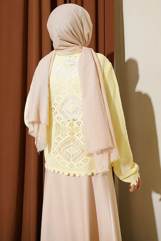 Motif Desen Ajurlu Kısa Hırka Sarı