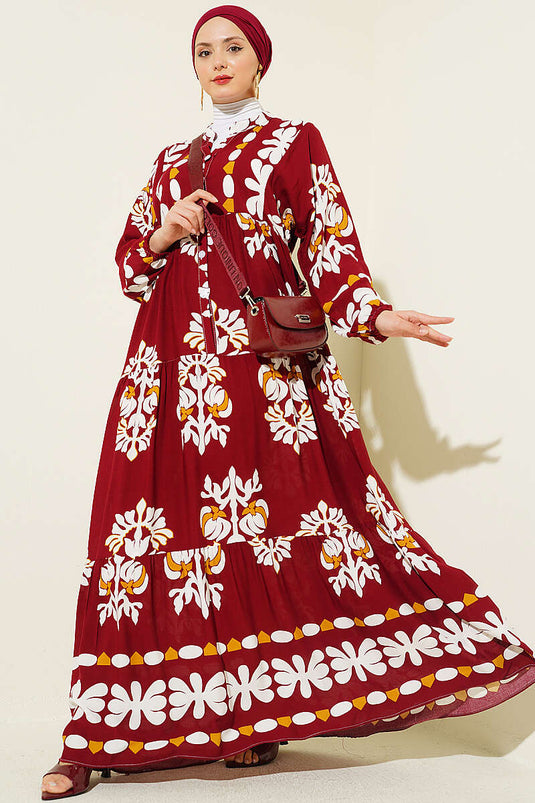 Patterned Dress with Mandarin Collar Burgundy