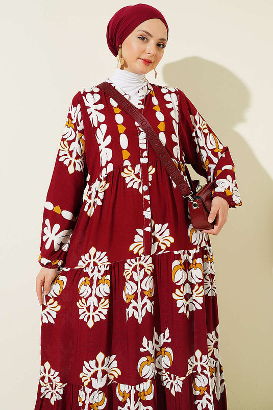 Patterned Dress with Mandarin Collar Burgundy