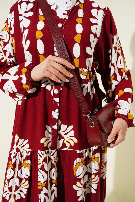 Patterned Dress with Mandarin Collar Burgundy