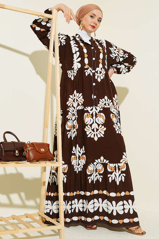 Patterned Dress with Mandarin Collar Brown