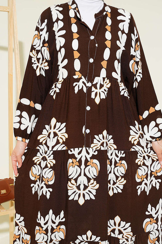 Patterned Dress with Mandarin Collar Brown