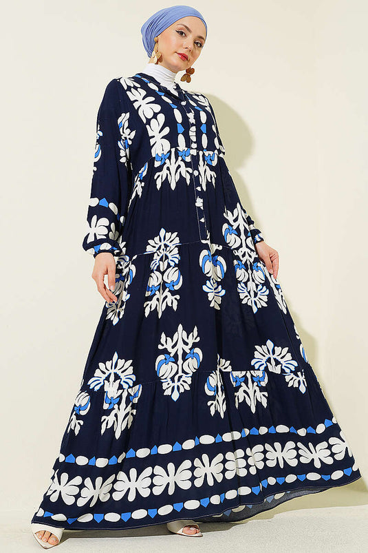 Patterned Dress with Mandarin Collar Navy Blue