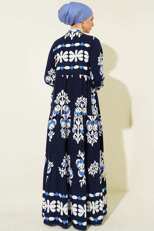 Patterned Dress with Mandarin Collar Navy Blue