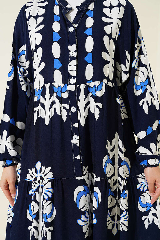 Patterned Dress with Mandarin Collar Navy Blue