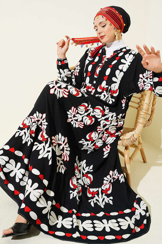 Robe Noire À Motifs Et Col Montant