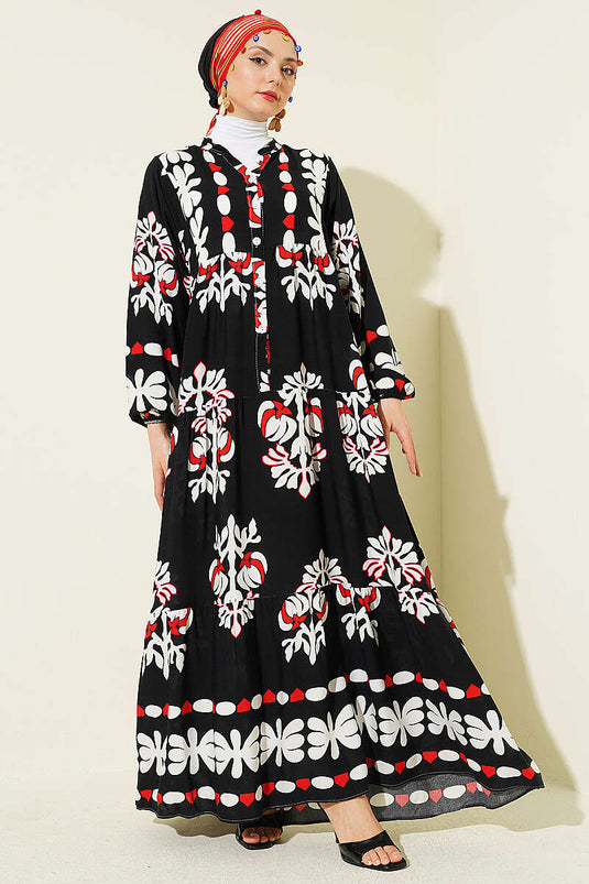 Robe Noire À Motifs Et Col Montant