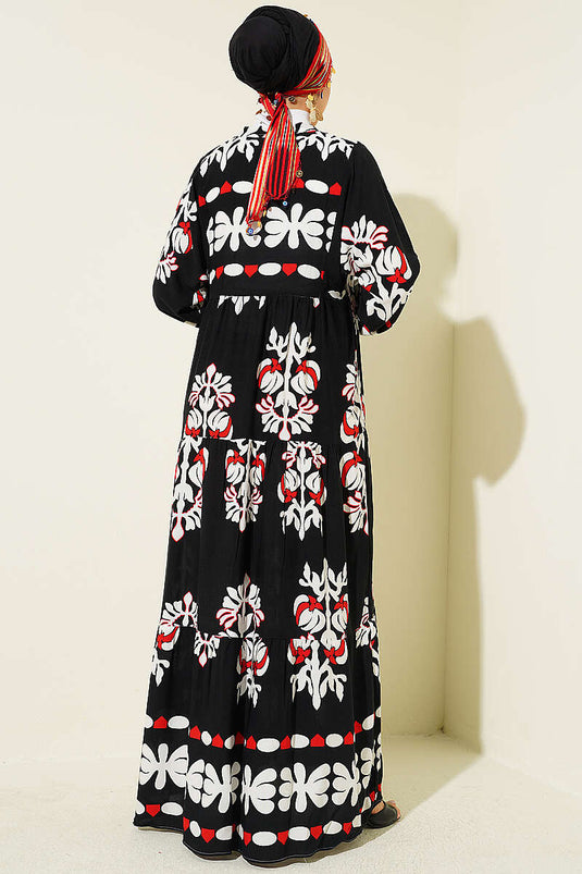 Robe Noire À Motifs Et Col Montant