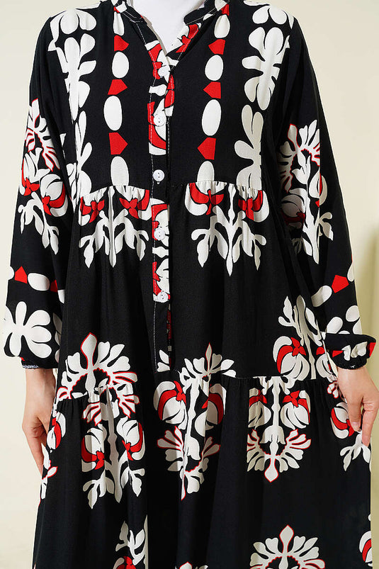Robe Noire À Motifs Et Col Montant