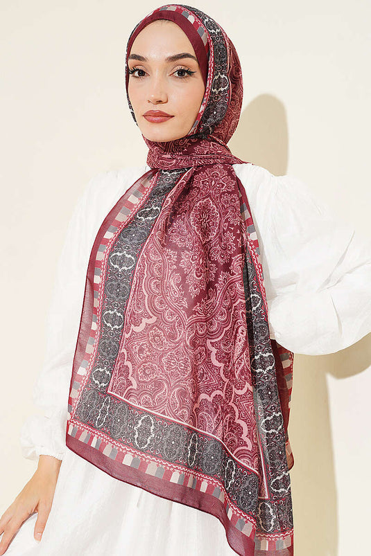 Motif Desenli Soft Şal Bordo