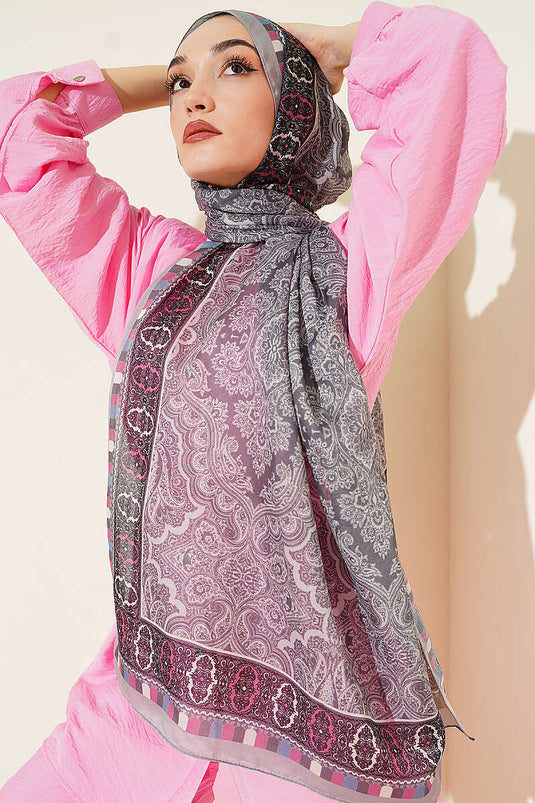 Motif Desenli Soft Şal Gri