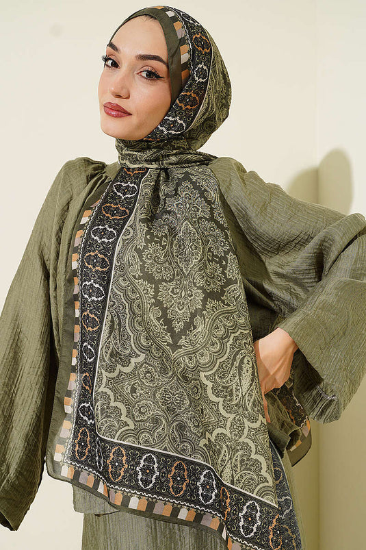 Motif Desenli Soft Şal Haki