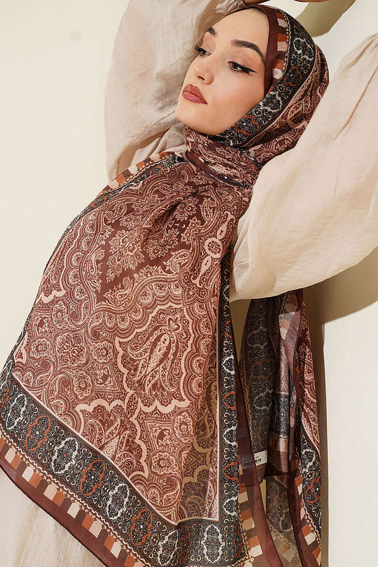 Motif Desenli Soft Şal Kestane
