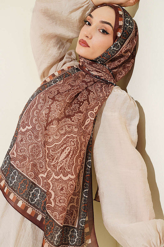 Motif Desenli Soft Şal Kestane