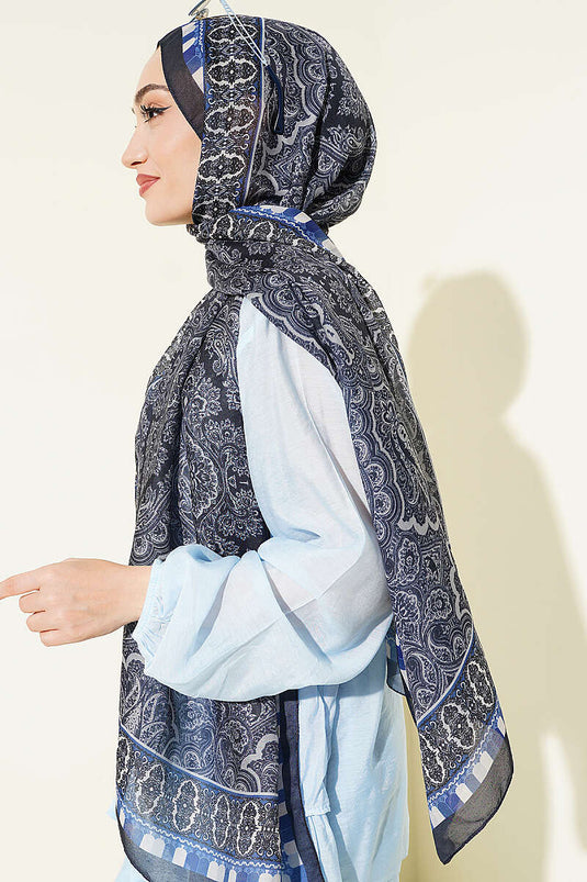 Motif Desenli Soft Şal Lacivert