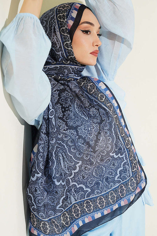 Motif Desenli Soft Şal Lacivert Mavi