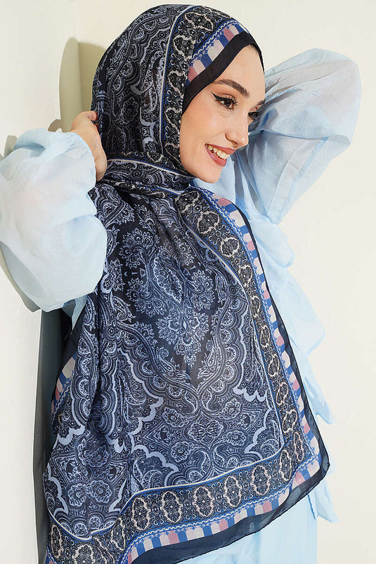 Motif Desenli Soft Şal Lacivert Mavi