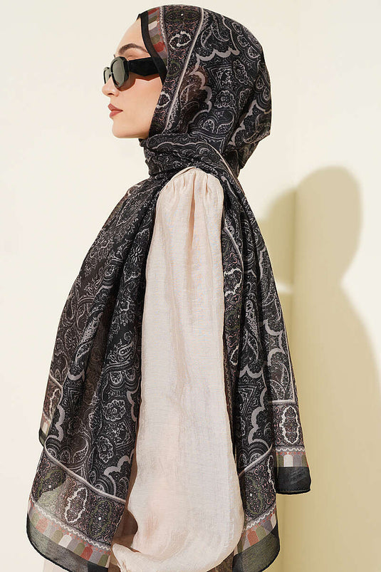 Motif Desenli Soft Şal Siyah Haki