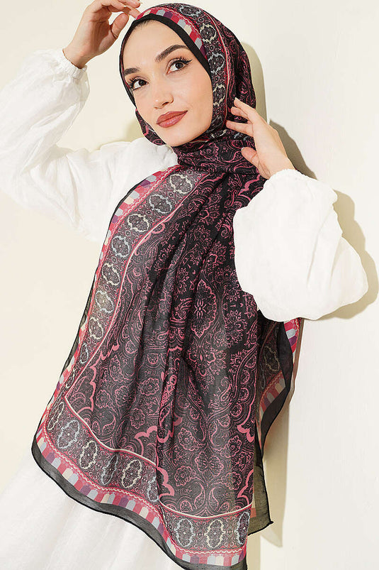 Motif Desenli Soft Şal Siyah Pembe